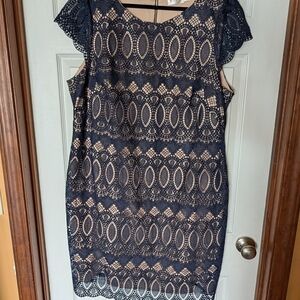 Eliza J Navy Lace Midi Dress with Nude Lining